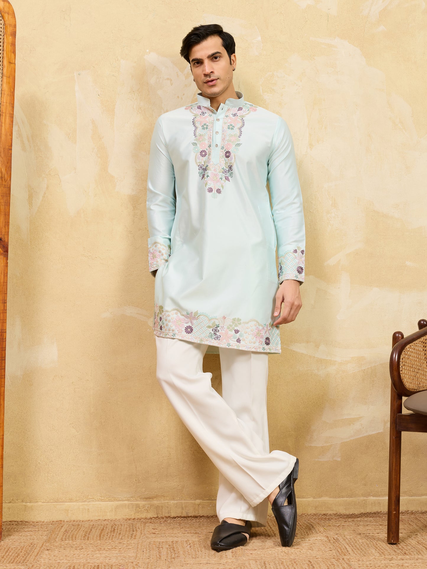 Men’s Mint Green Floral Embroidered Kurta – Premium Festive & Wedding Wear