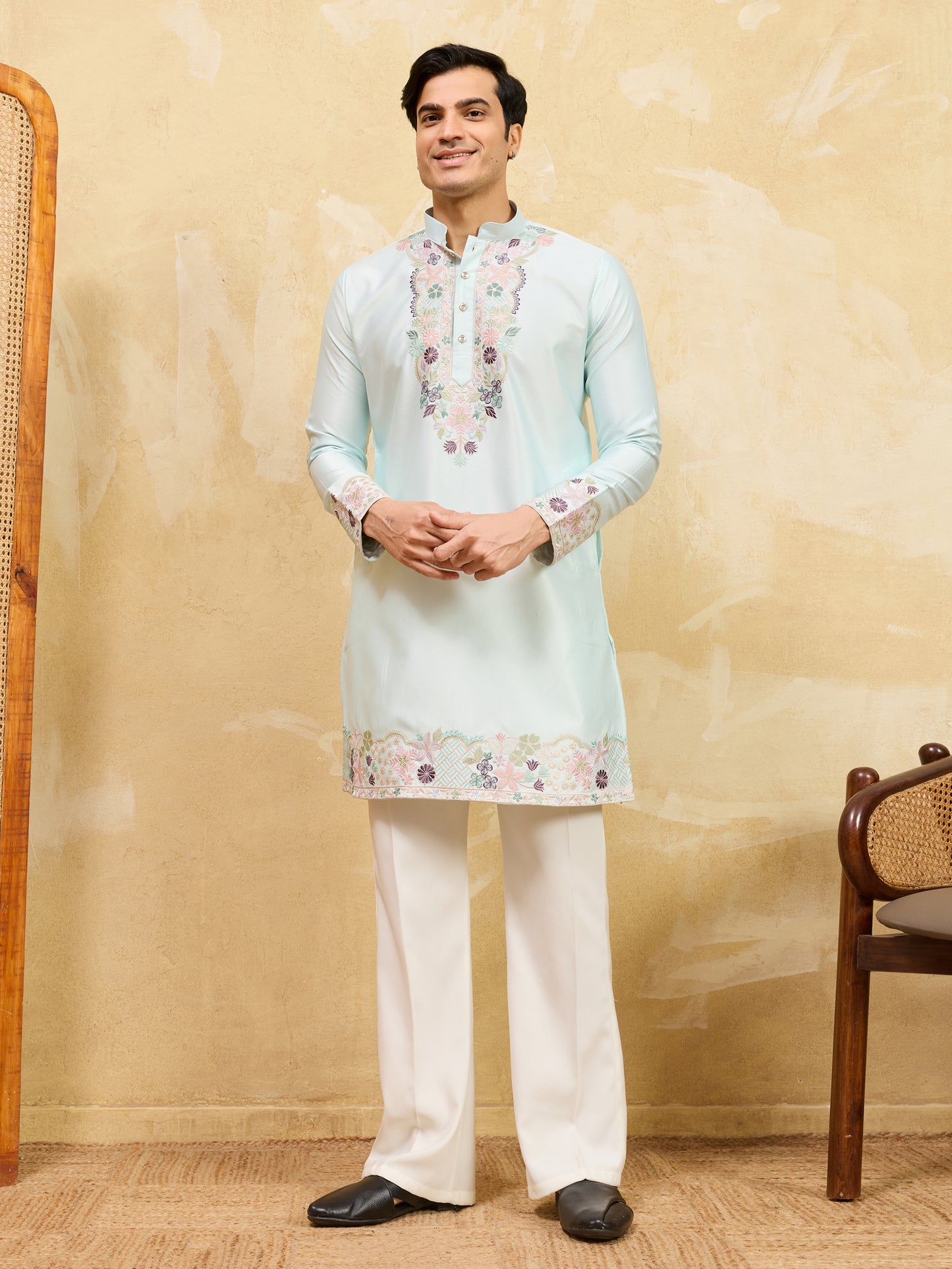 Men’s Mint Green Floral Embroidered Kurta – Premium Festive & Wedding Wear