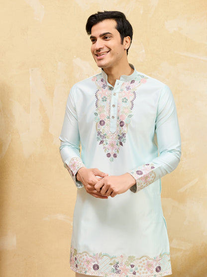 Men’s Mint Green Floral Embroidered Kurta – Premium Festive & Wedding Wear