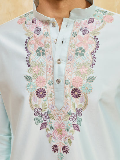 Men’s Mint Green Floral Embroidered Kurta – Premium Festive & Wedding Wear