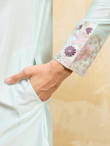 Men’s Mint Green Floral Embroidered Kurta – Premium Festive & Wedding Wear