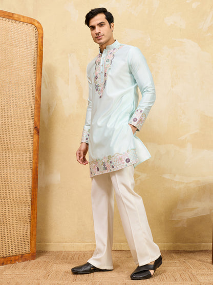 Men’s Mint Green Floral Embroidered Kurta – Premium Festive & Wedding Wear