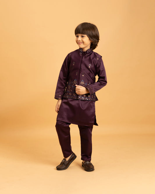 Royal Purple Embroidered Kurta Set for Boys