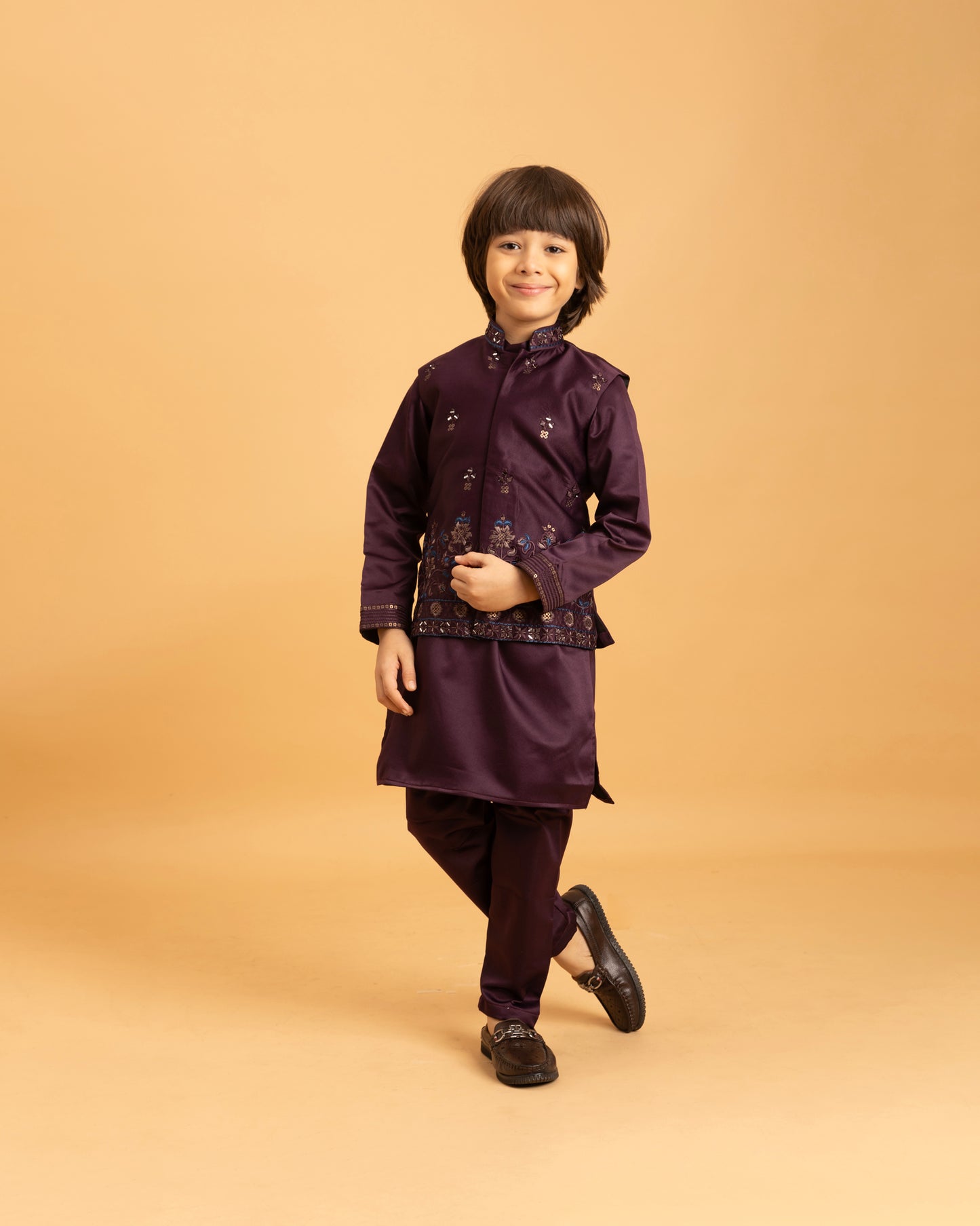 Royal Purple Embroidered Kurta Set for Boys