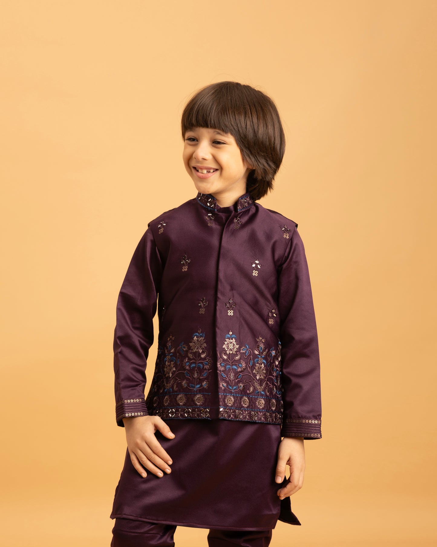 Royal Purple Embroidered Kurta Set for Boys