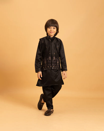 Regal Black Boys Embroidered Kurta Set – Traditional Charm with Modern Elegance