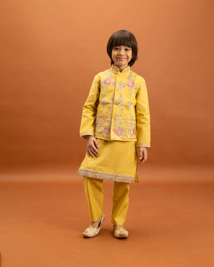 Boys Sunshine Yellow Embroidered Kurta Set with Nehru Jacket