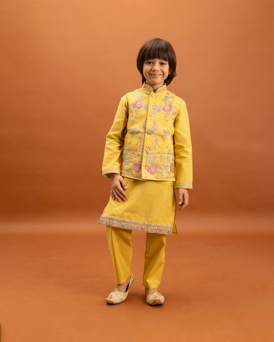 Boys Sunshine Yellow Embroidered Kurta Set with Nehru Jacket
