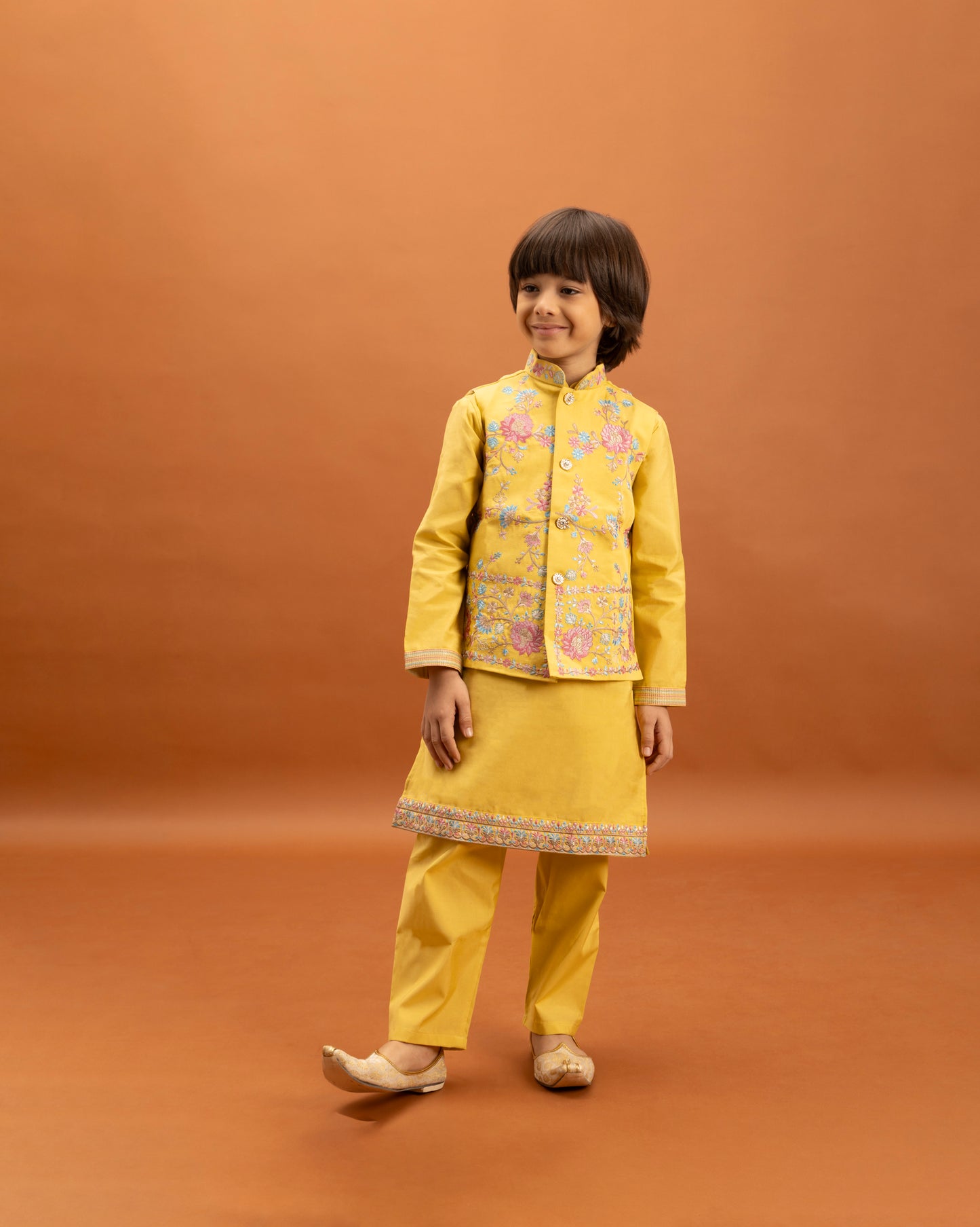 Boys Sunshine Yellow Embroidered Kurta Set with Nehru Jacket