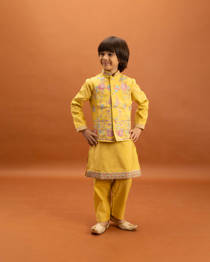 Boys Sunshine Yellow Embroidered Kurta Set with Nehru Jacket