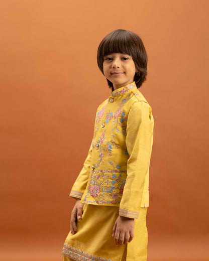 Boys Sunshine Yellow Embroidered Kurta Set with Nehru Jacket