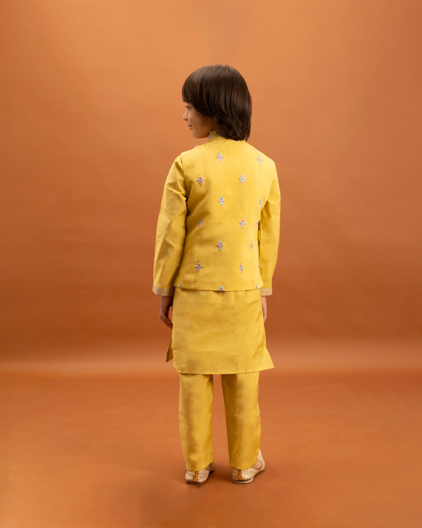 Boys Sunshine Yellow Embroidered Kurta Set with Nehru Jacket