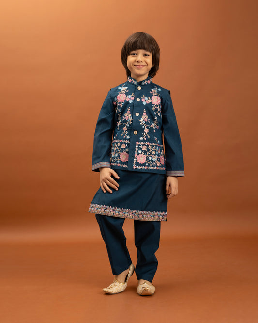 Boys Royal Blue Embroidered Kurta Set with Nehru Jacket
