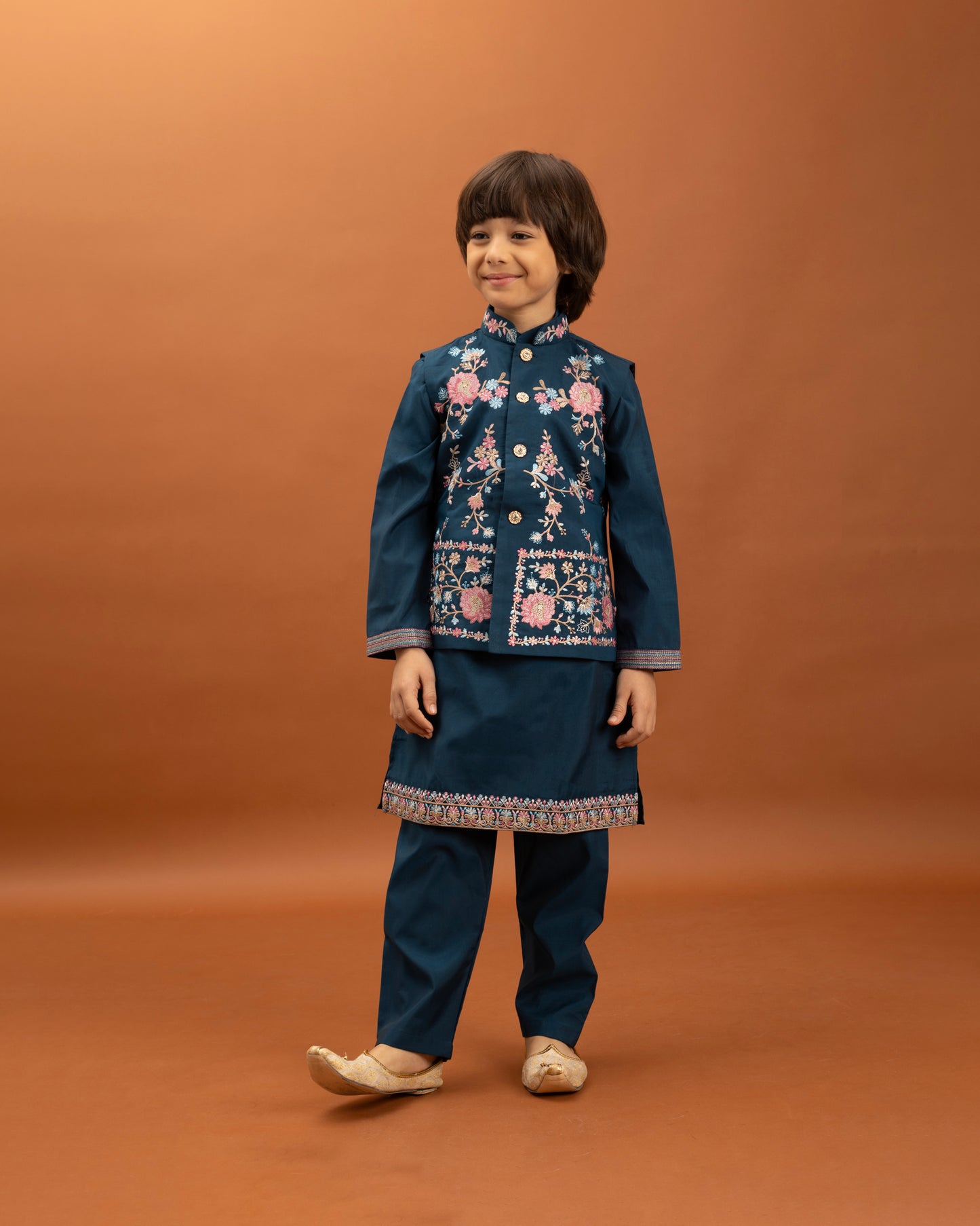 Boys Royal Blue Embroidered Kurta Set with Nehru Jacket