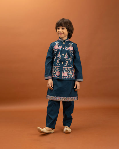 Boys Royal Blue Embroidered Kurta Set with Nehru Jacket