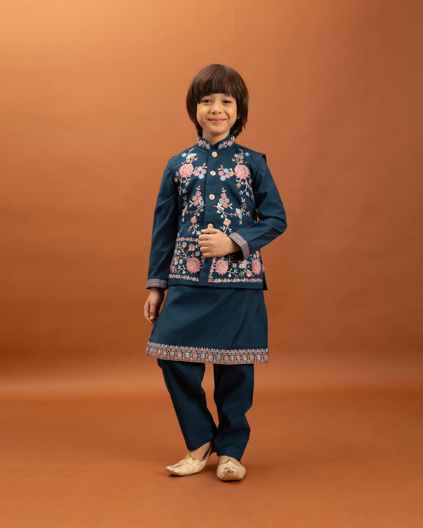 Boys Royal Blue Embroidered Kurta Set with Nehru Jacket