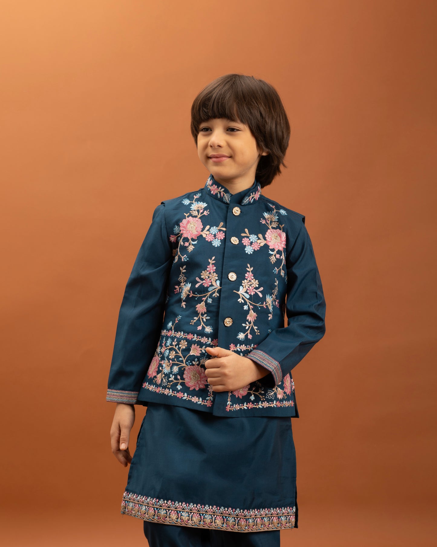 Boys Royal Blue Embroidered Kurta Set with Nehru Jacket