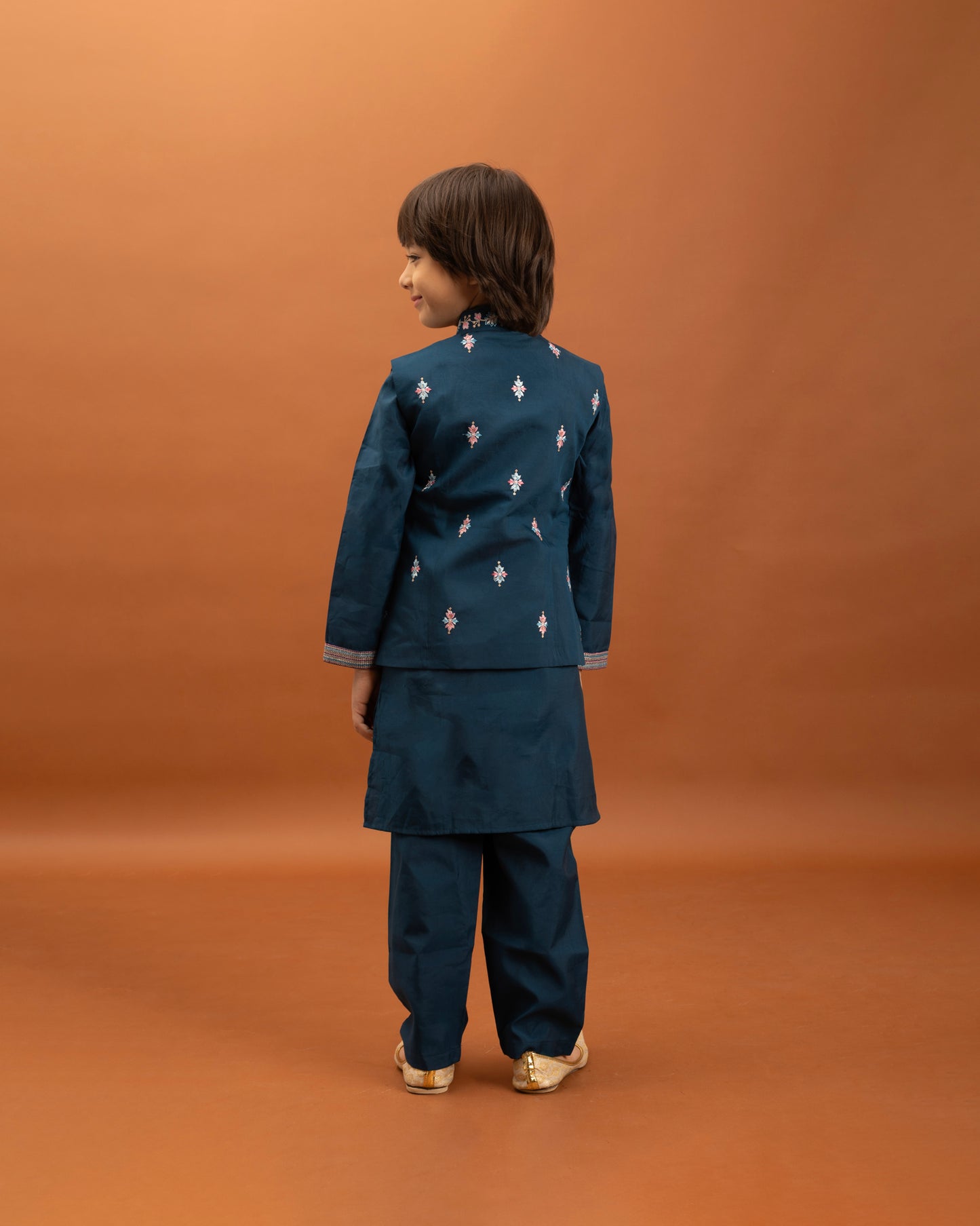 Boys Royal Blue Embroidered Kurta Set with Nehru Jacket
