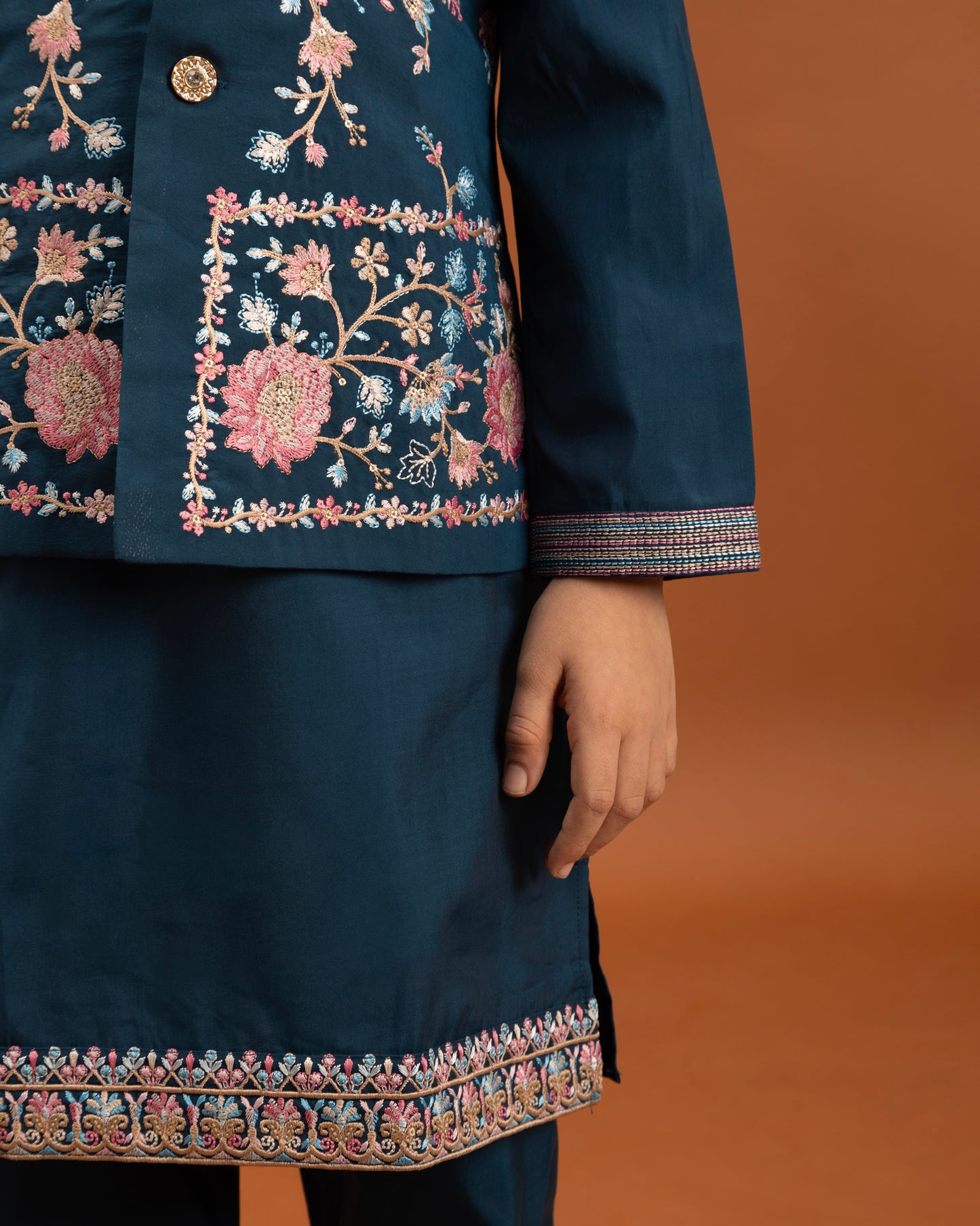 Boys Royal Blue Embroidered Kurta Set with Nehru Jacket