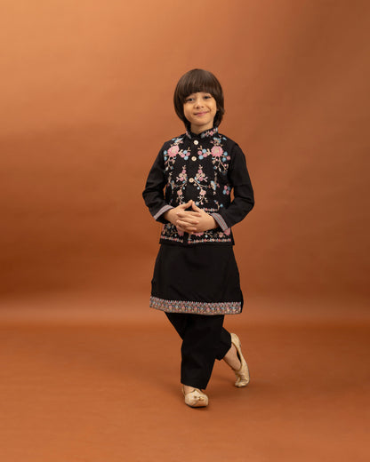 Boys Classic Black Embroidered Kurta Set with Nehru Jacket