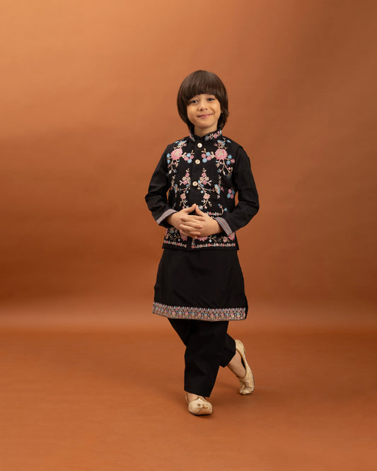 Boys Classic Black Embroidered Kurta Set with Nehru Jacket