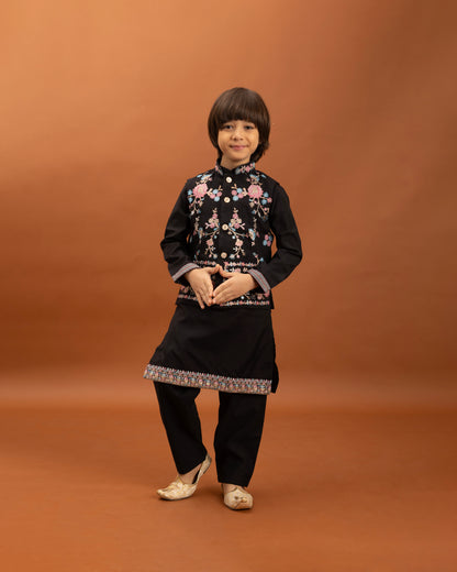 Boys Classic Black Embroidered Kurta Set with Nehru Jacket