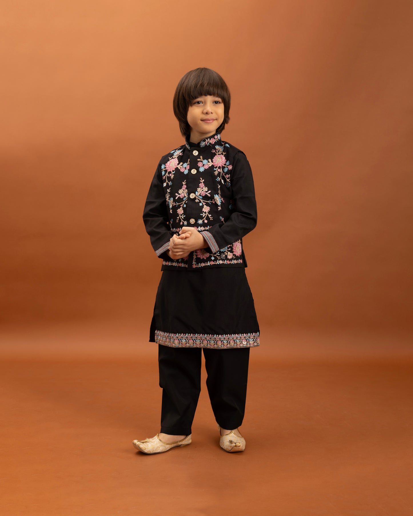 Boys Classic Black Embroidered Kurta Set with Nehru Jacket