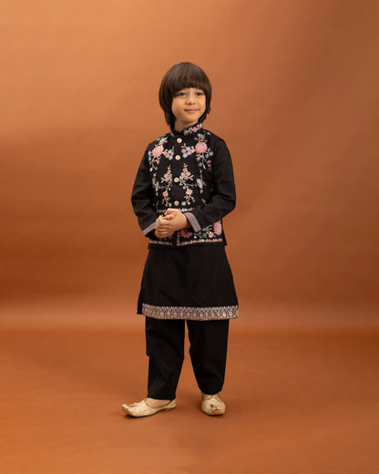 Boys Classic Black Embroidered Kurta Set with Nehru Jacket