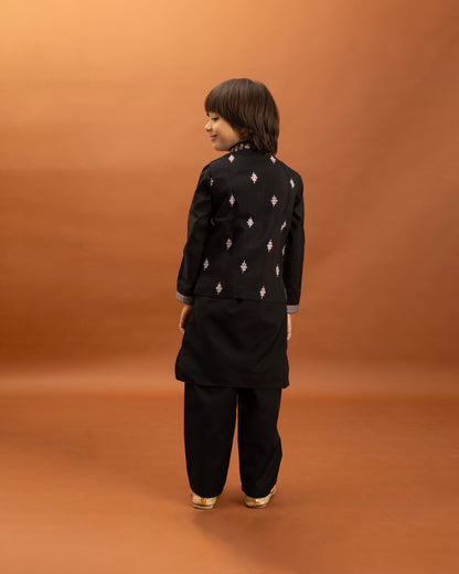 Boys Classic Black Embroidered Kurta Set with Nehru Jacket