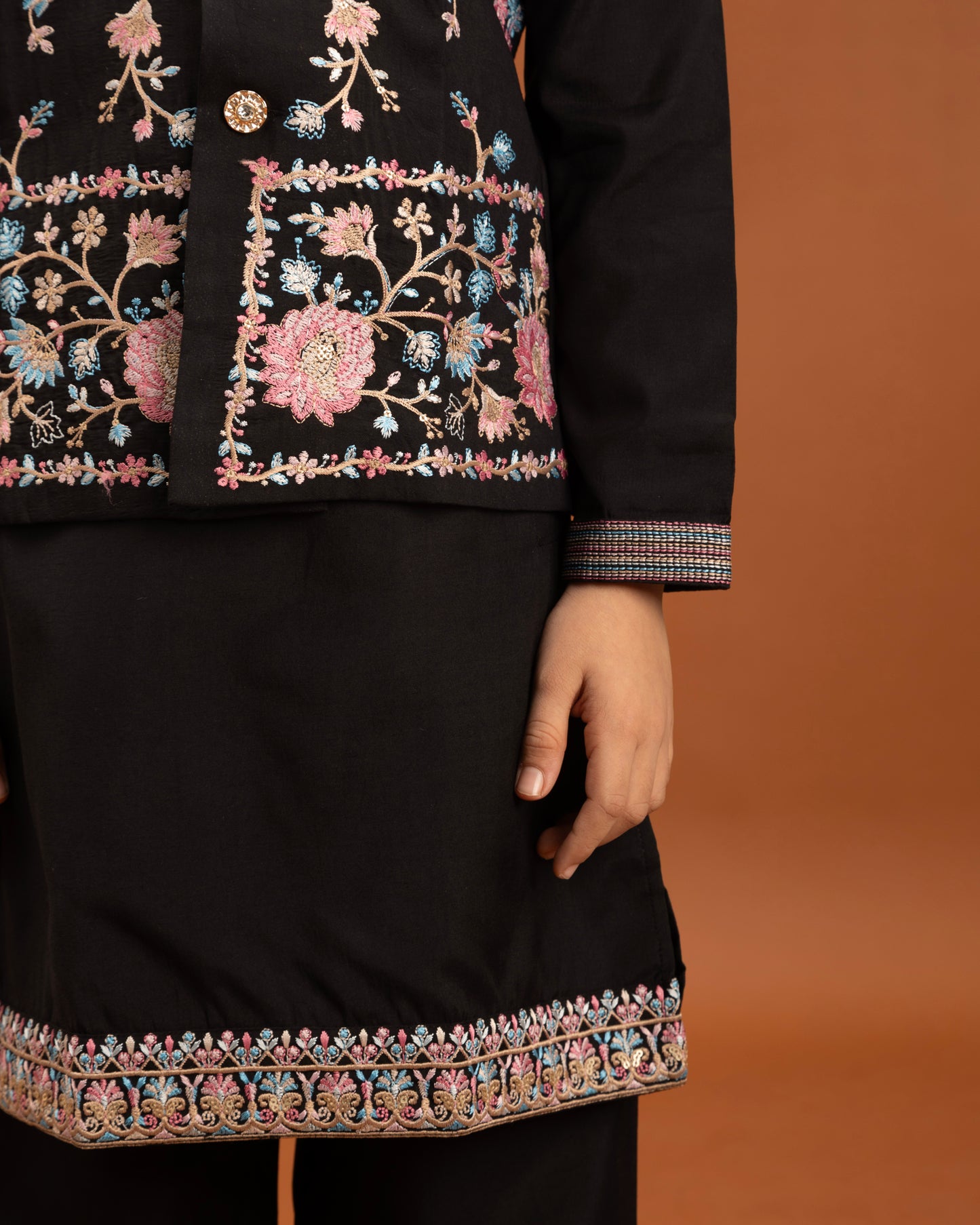 Boys Classic Black Embroidered Kurta Set with Nehru Jacket