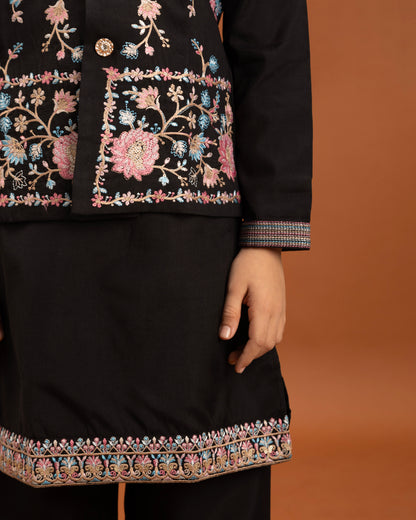 Boys Classic Black Embroidered Kurta Set with Nehru Jacket