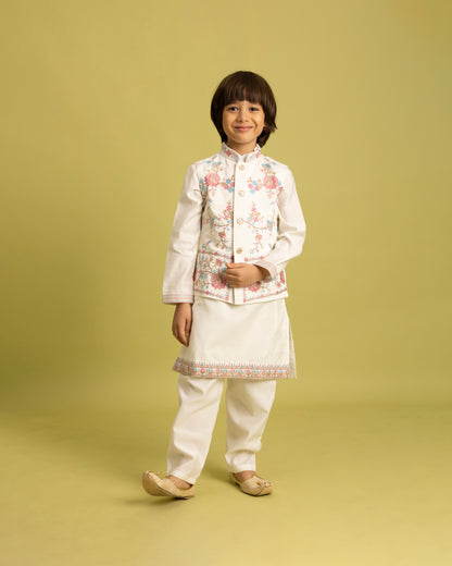 Ivory Blossom Embroidered Kurta Set for Boys – Grace in Every Stitch