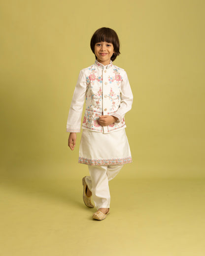 Ivory Blossom Embroidered Kurta Set for Boys – Grace in Every Stitch