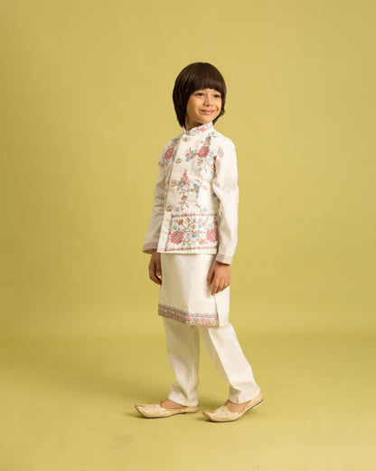 Ivory Blossom Embroidered Kurta Set for Boys – Grace in Every Stitch