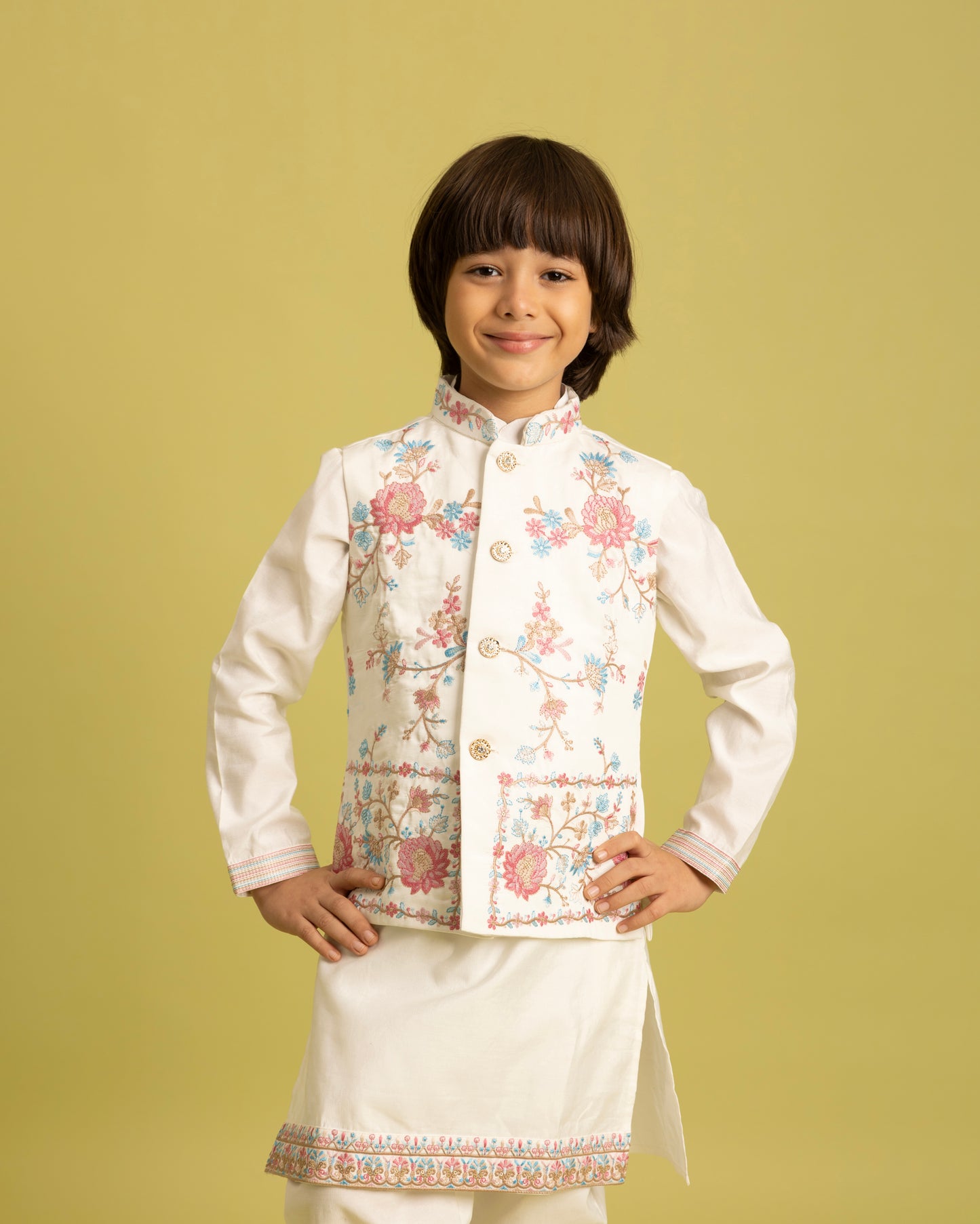 Ivory Blossom Embroidered Kurta Set for Boys – Grace in Every Stitch