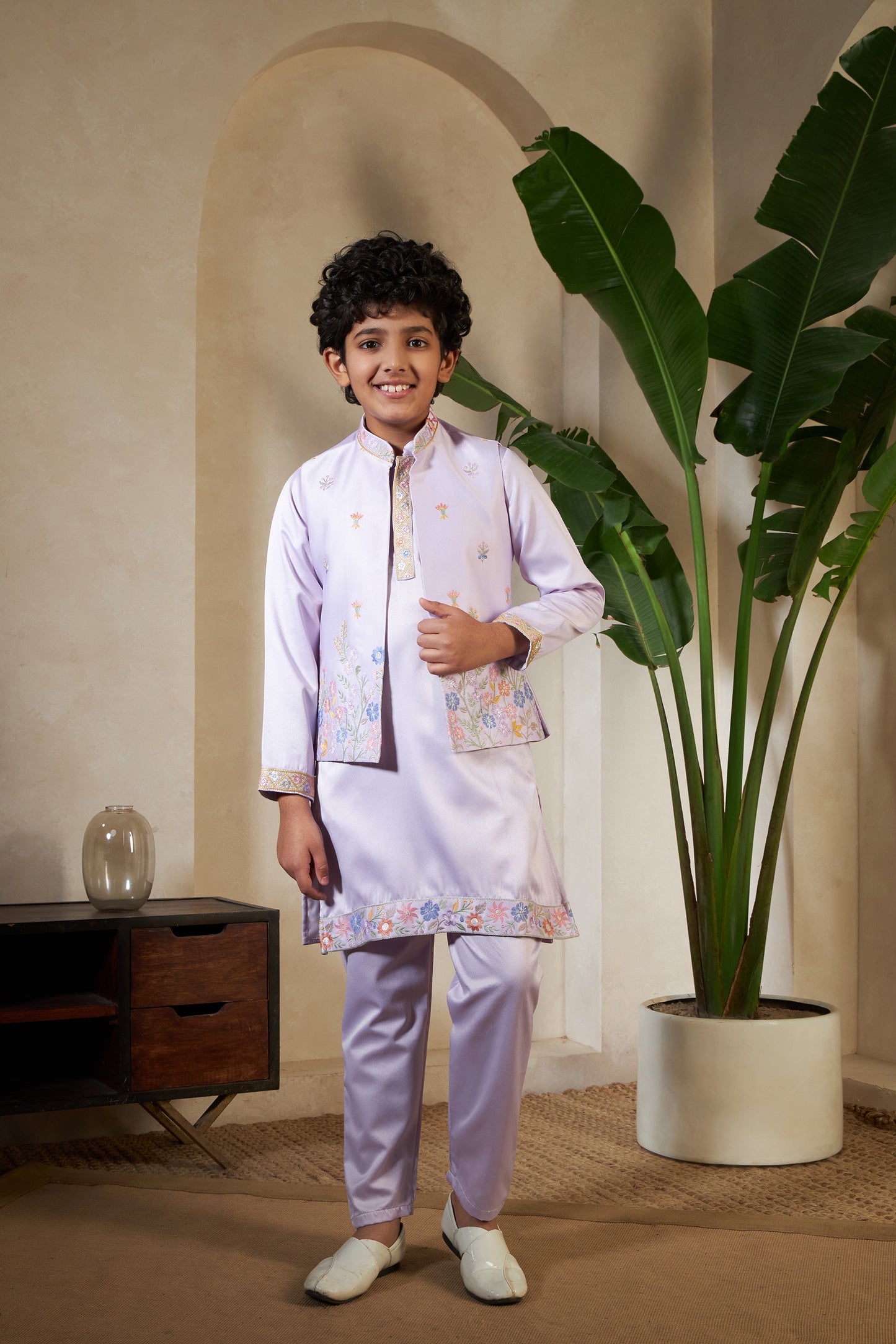 Lavender Embroidered Koti Kurta Set for Boys