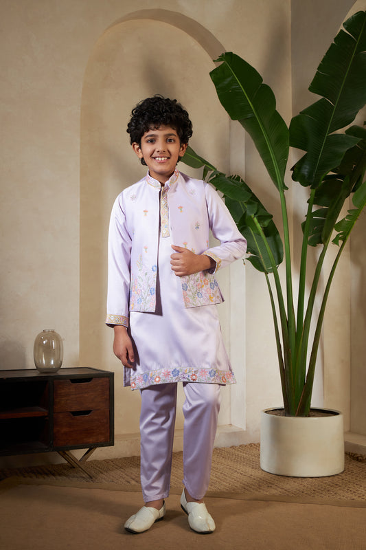 Lavender Embroidered Koti Kurta Set for Boys