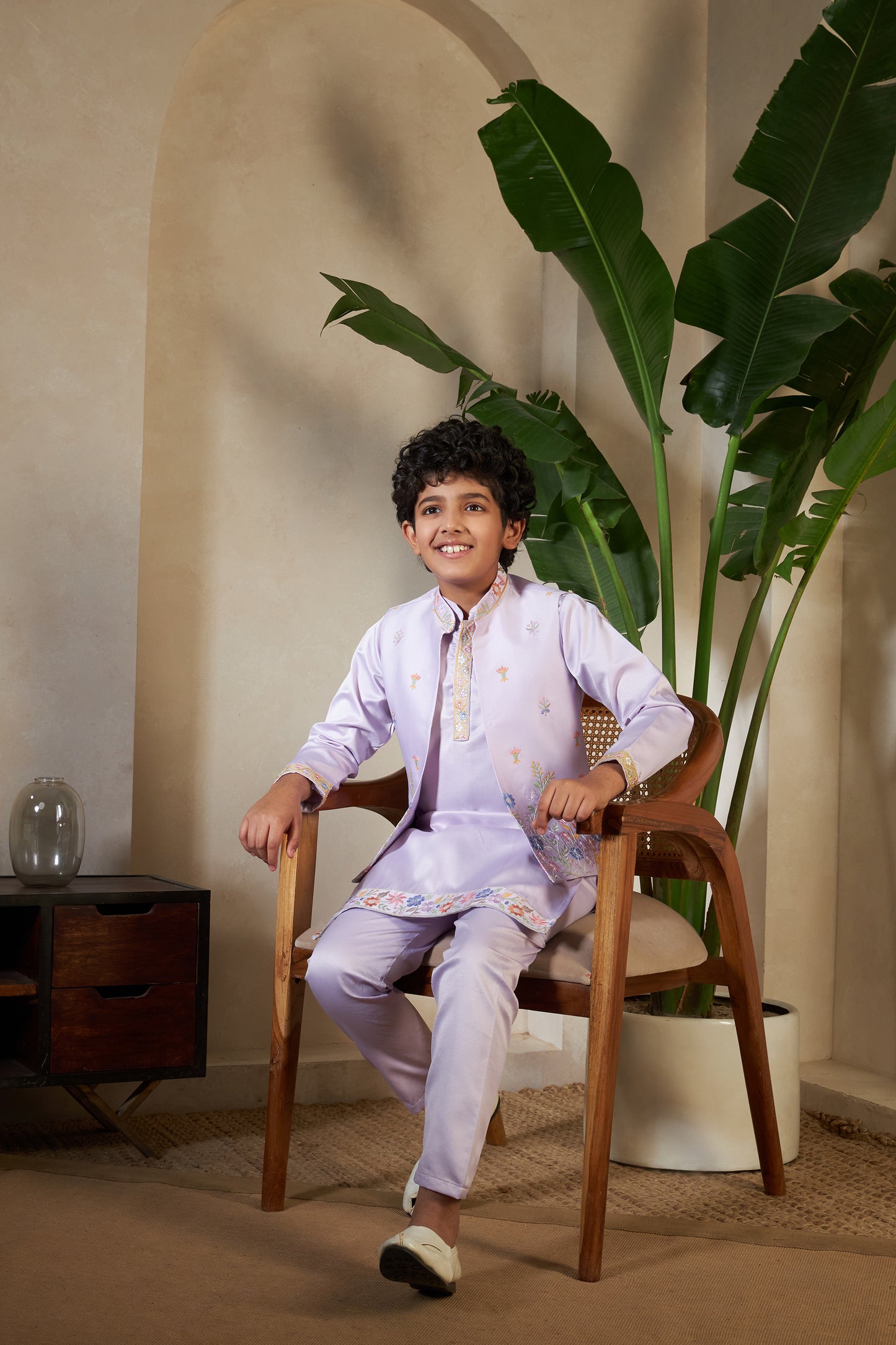 Lavender Embroidered Koti Kurta Set for Boys