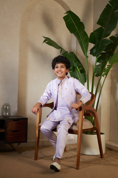 Lavender Embroidered Koti Kurta Set for Boys