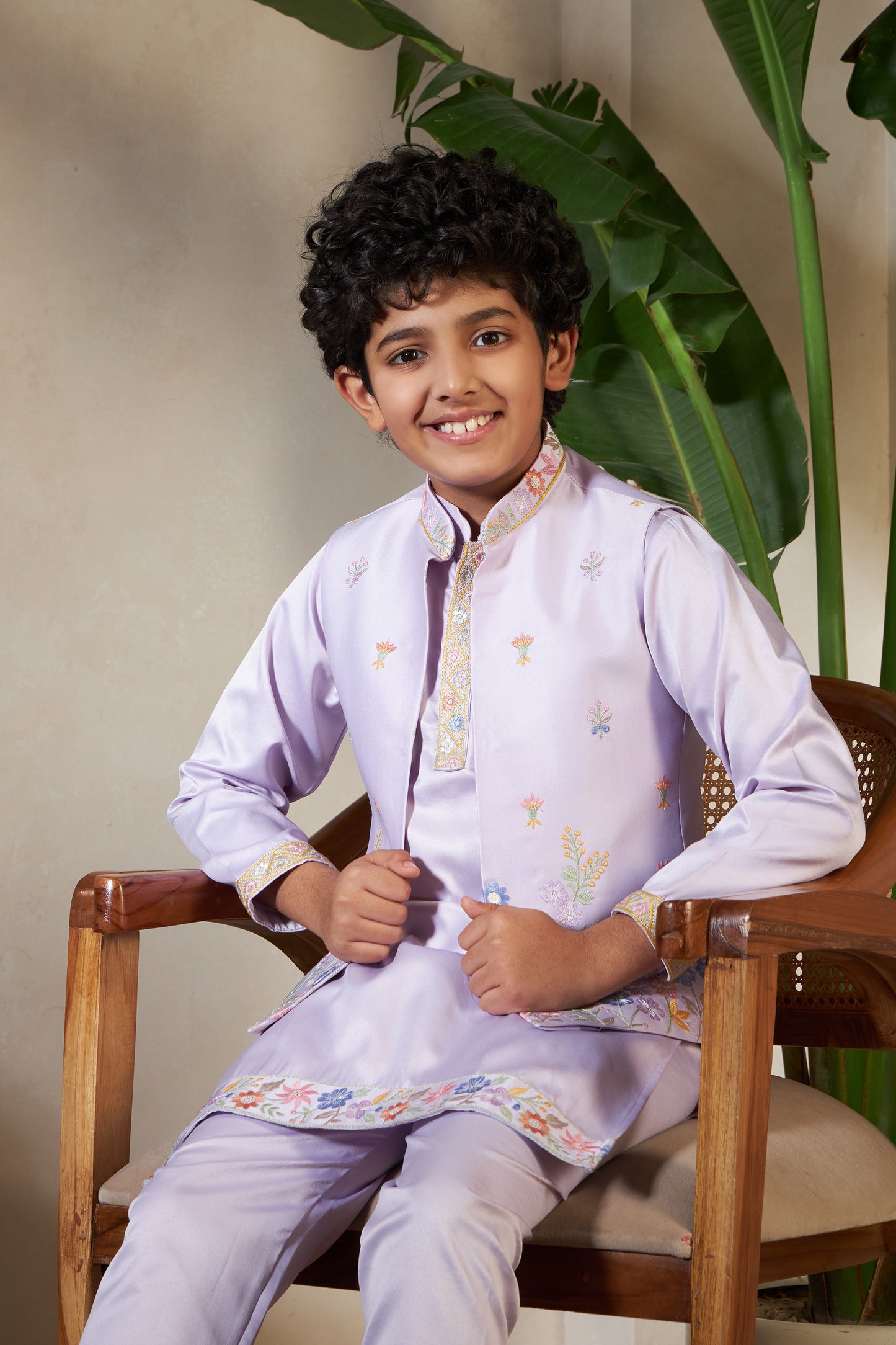 Lavender Embroidered Koti Kurta Set for Boys