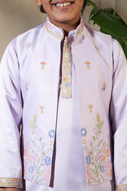 Lavender Embroidered Koti Kurta Set for Boys