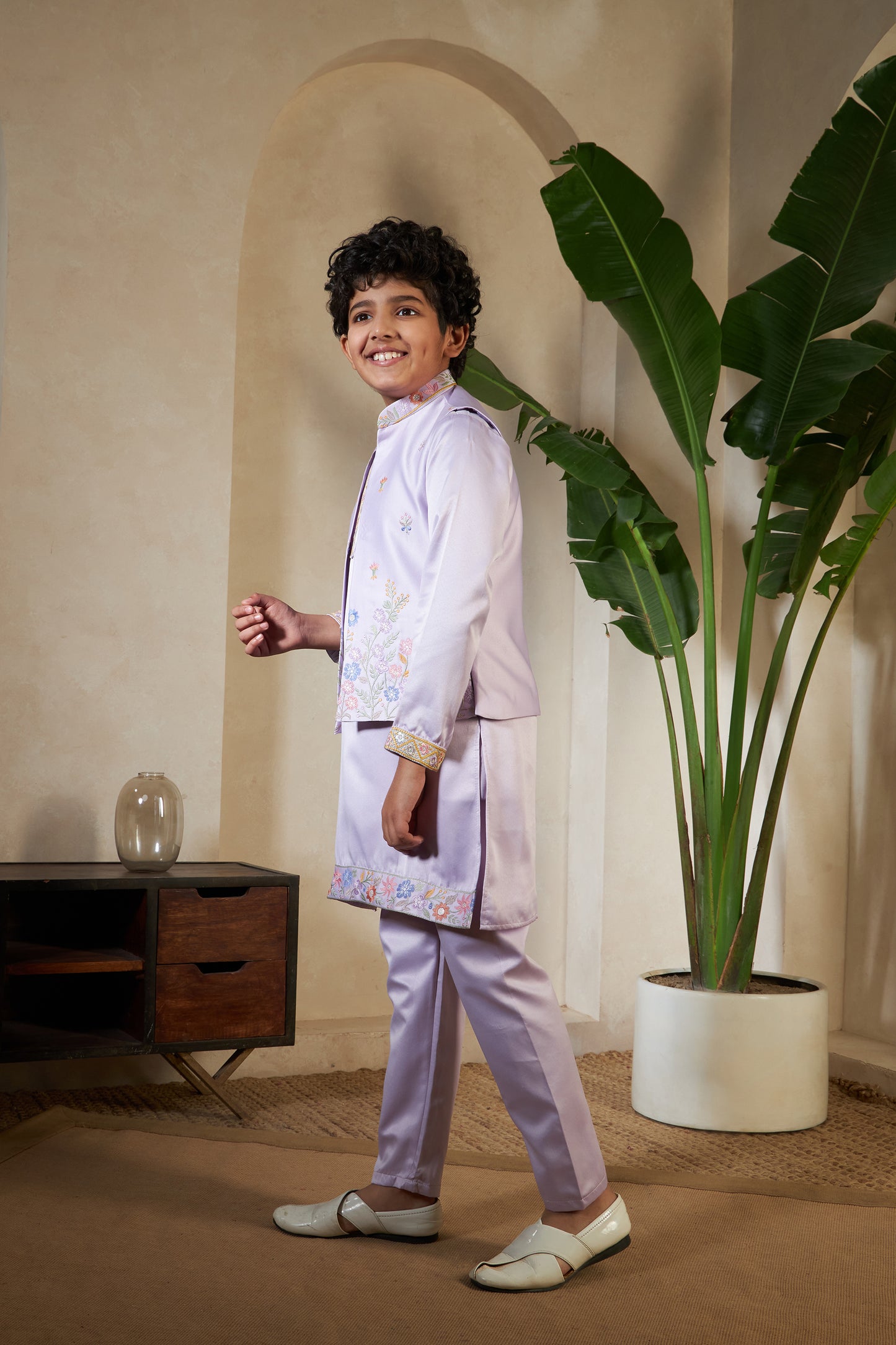 Lavender Embroidered Koti Kurta Set for Boys