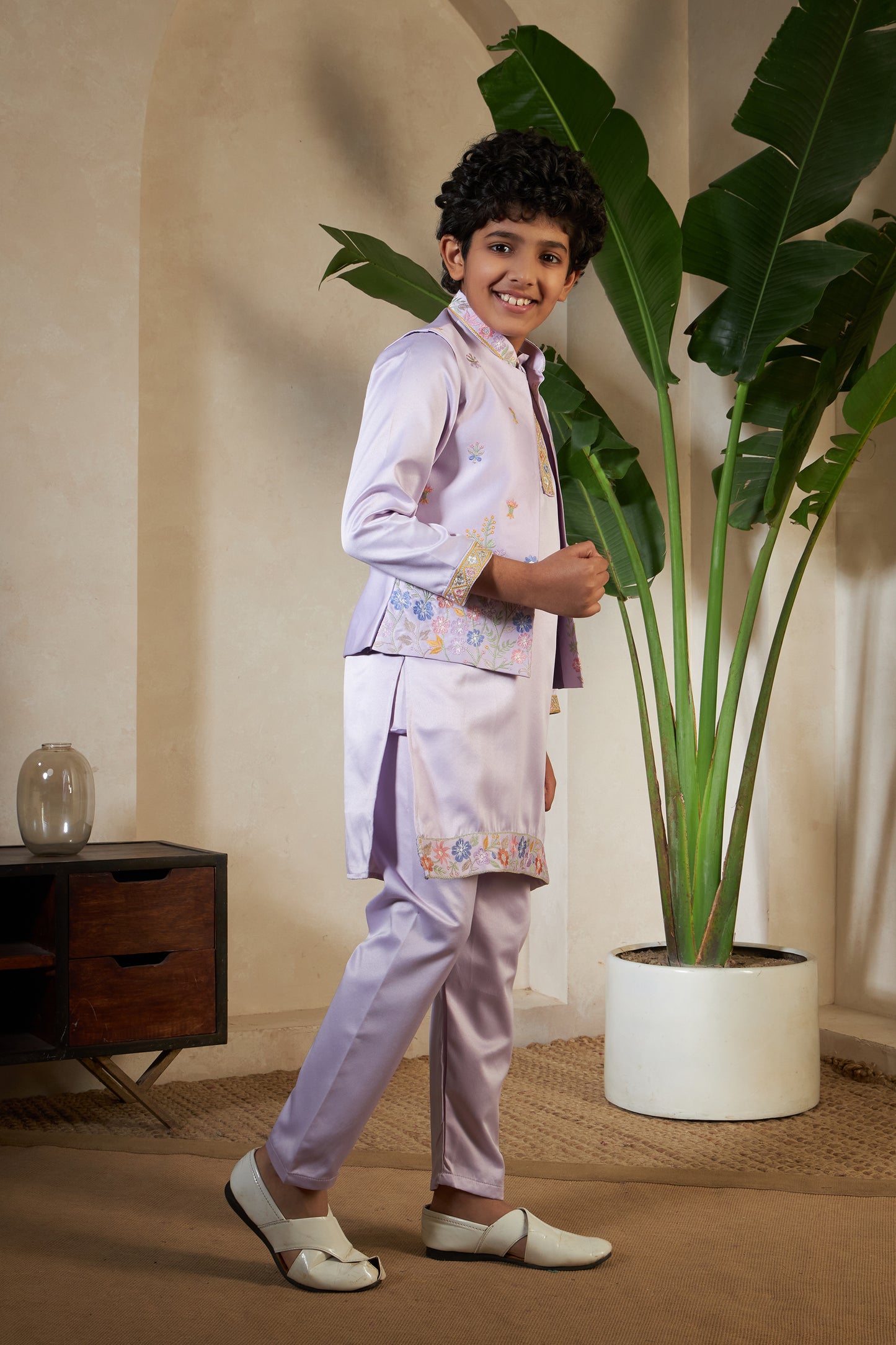 Lavender Embroidered Koti Kurta Set for Boys