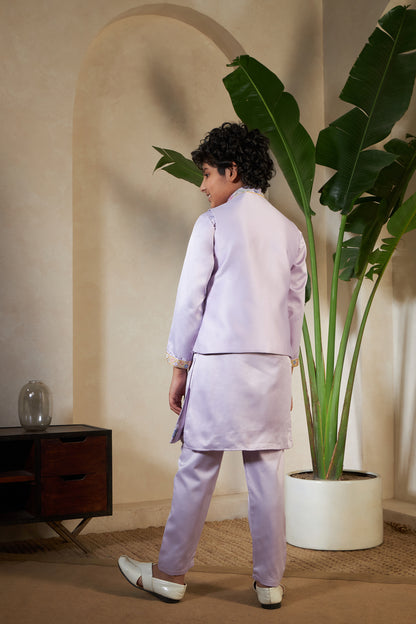 Lavender Embroidered Koti Kurta Set for Boys