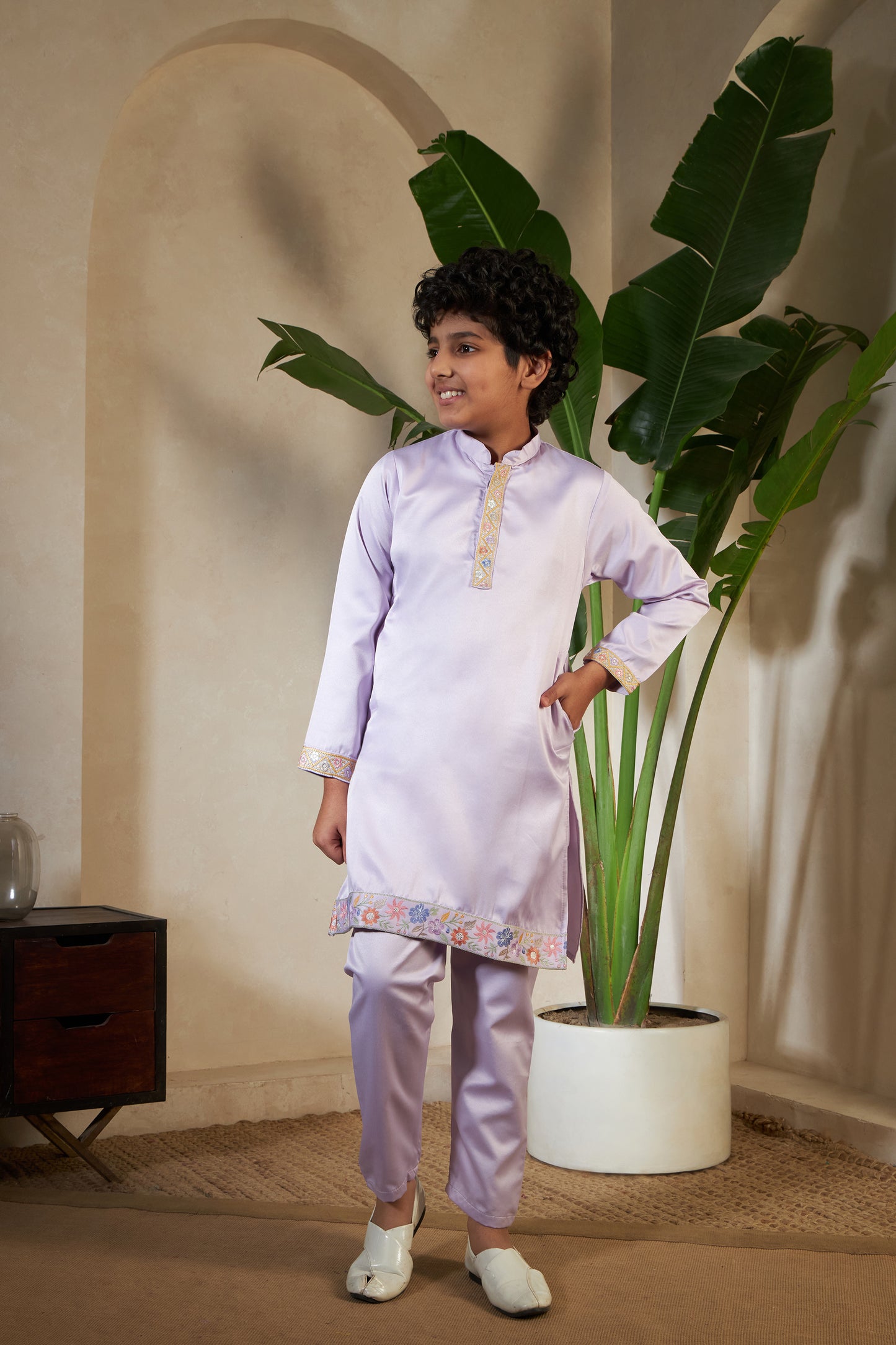 Lavender Embroidered Koti Kurta Set for Boys
