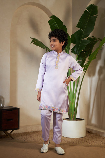 Lavender Embroidered Koti Kurta Set for Boys