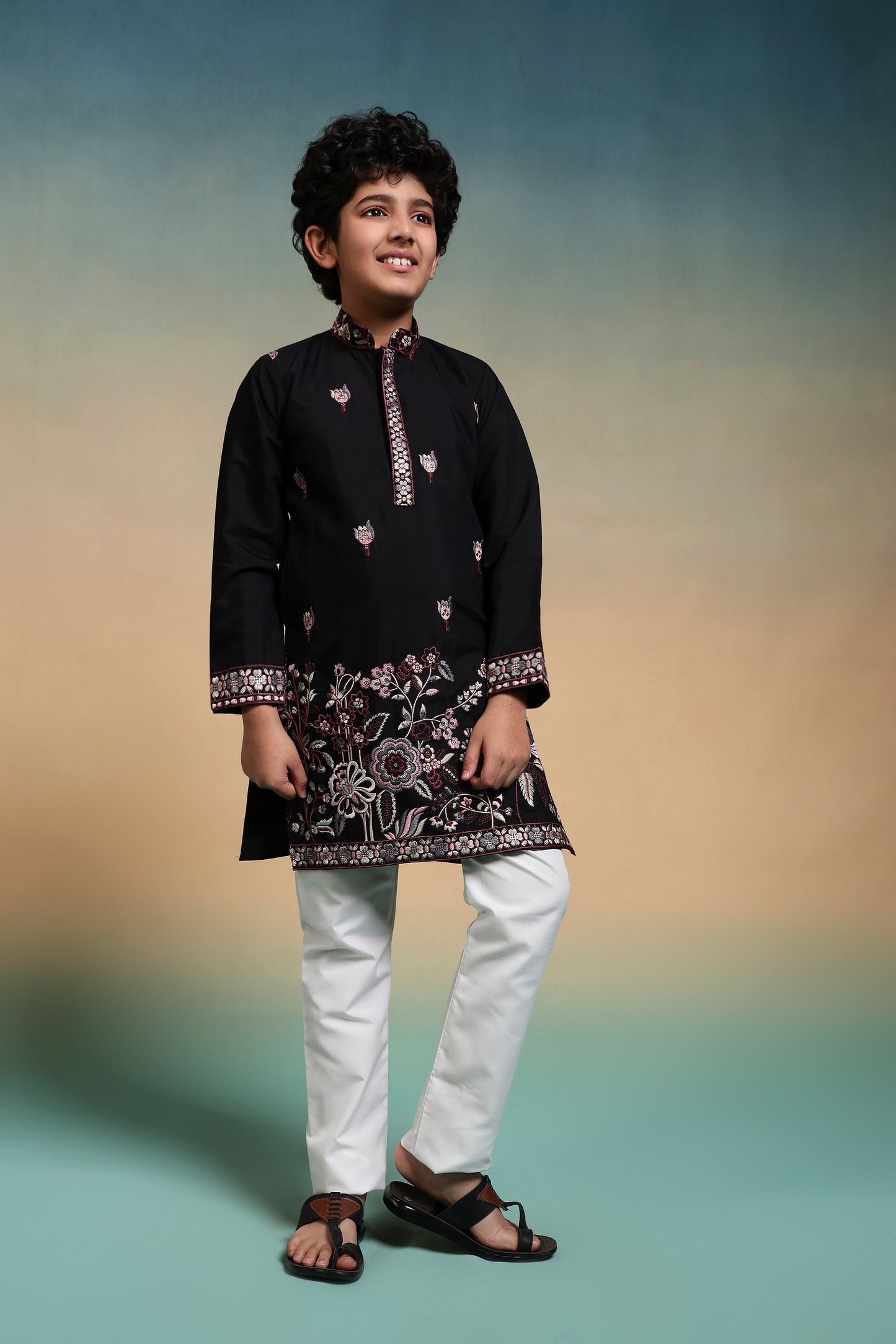 Elegant Black Embroidered Kurta Set for Boys