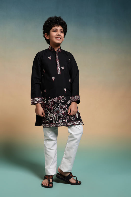 Elegant Black Embroidered Kurta Set for Boys