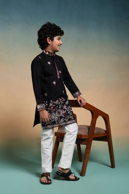Elegant Black Embroidered Kurta Set for Boys
