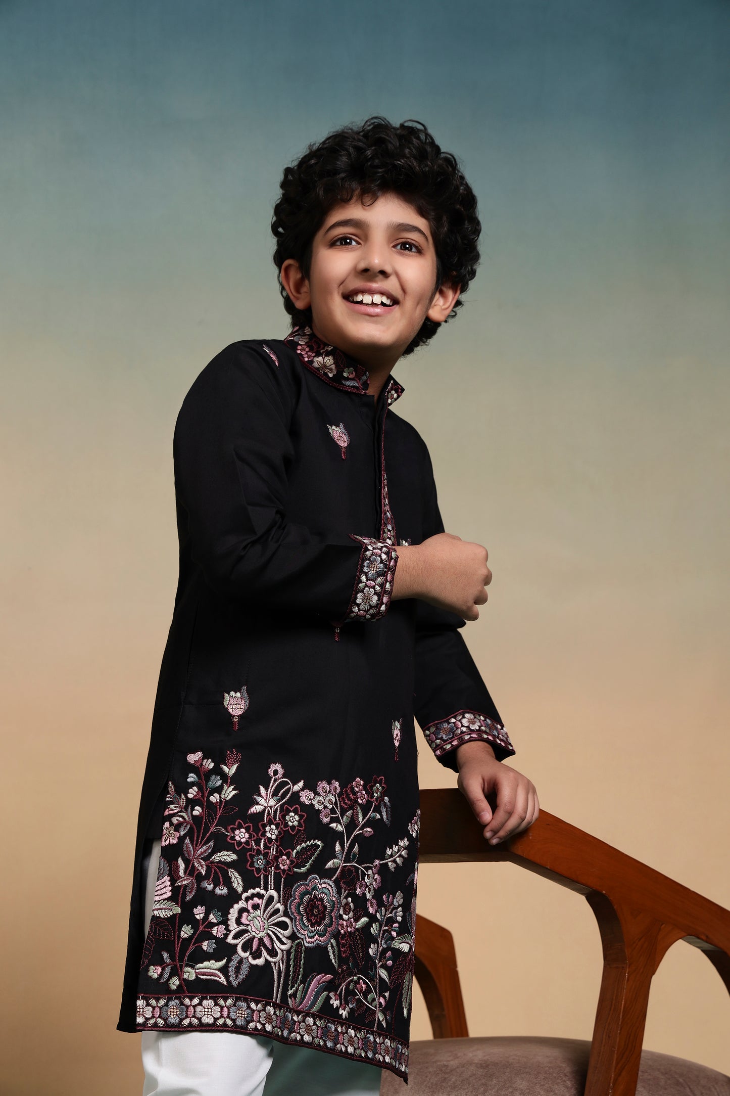 Elegant Black Embroidered Kurta Set for Boys